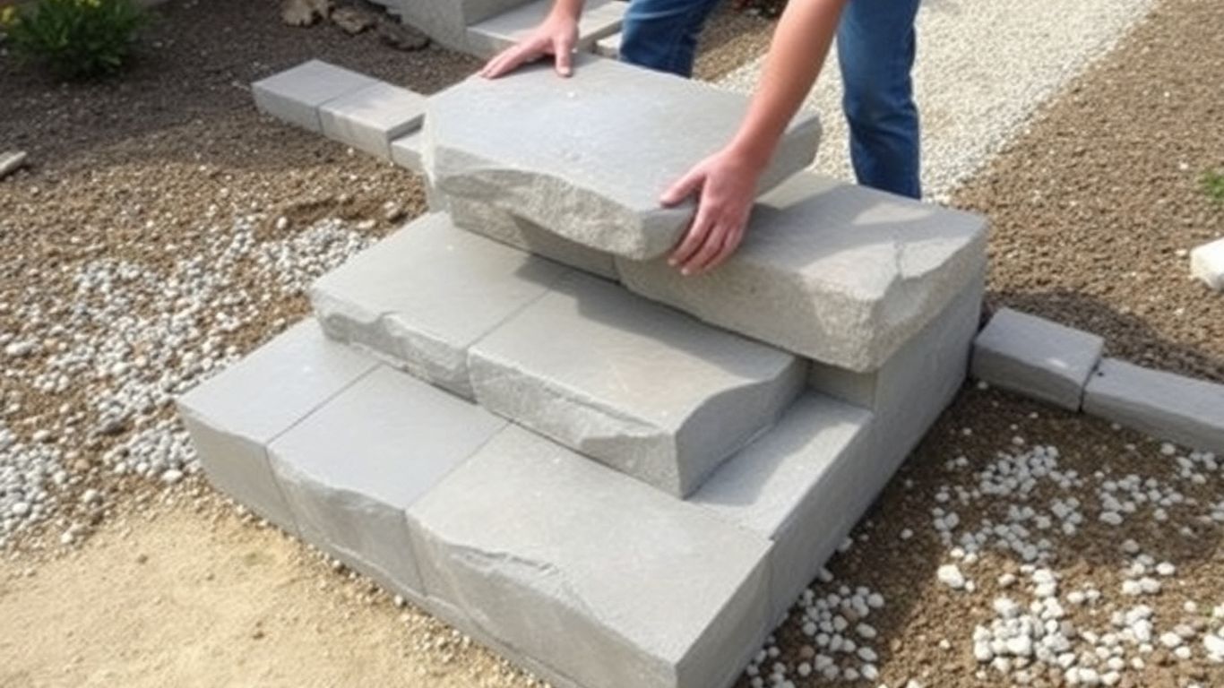 Stone contractor installing natural stone steps in Bourne, MA.