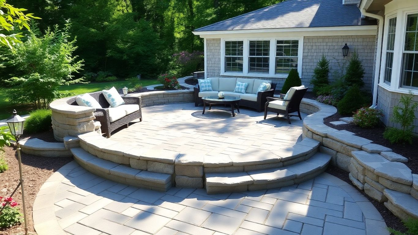 Newly installed stone patio with outdoor furniture in Mashpee.