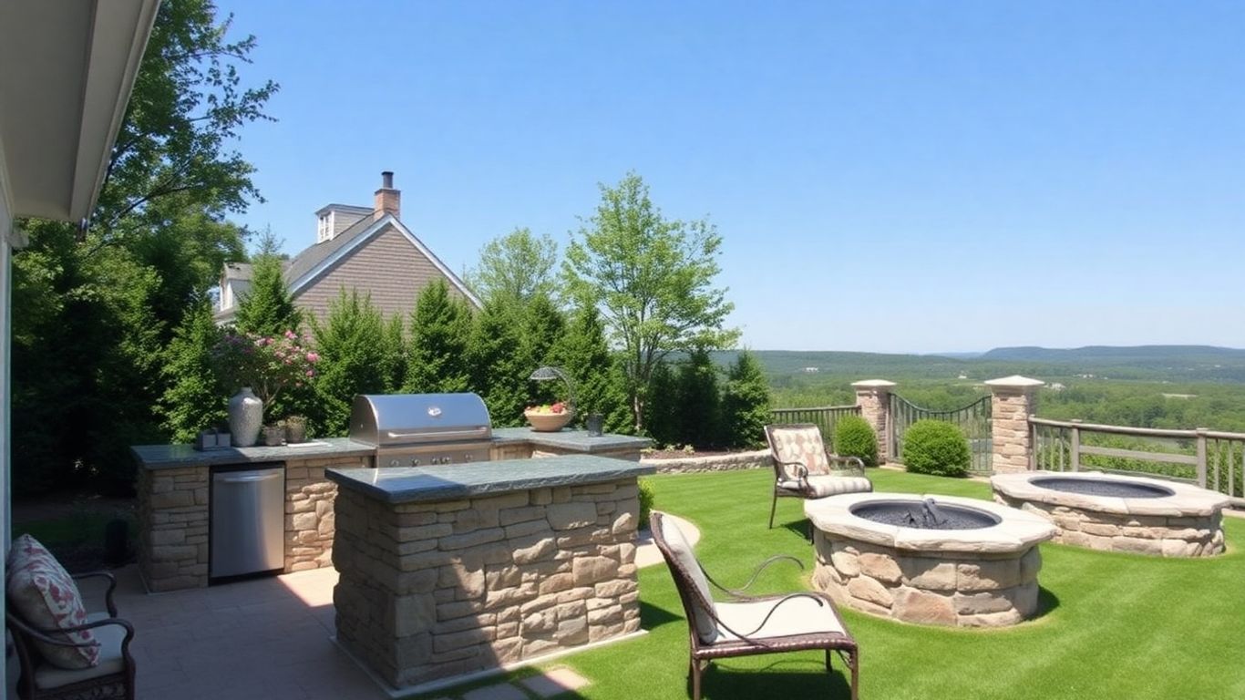 Stone outdoor kitchen with grill and fire pit