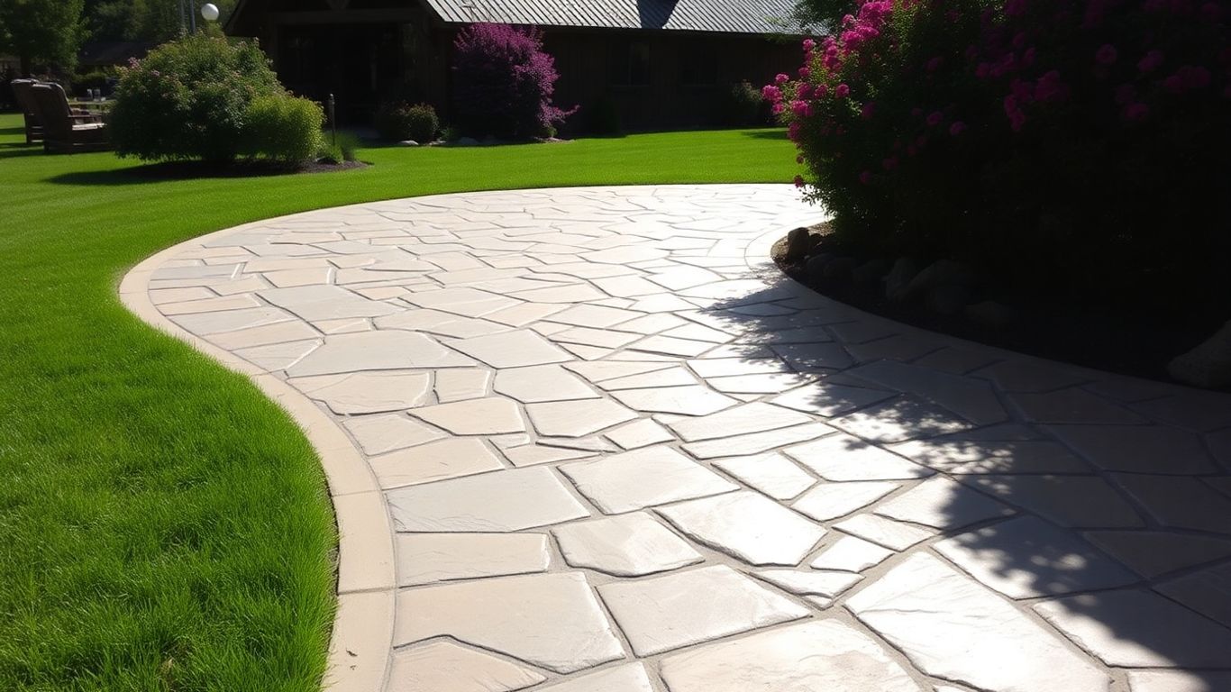 Stamped concrete patio with natural stone pattern and surrounding greenery.